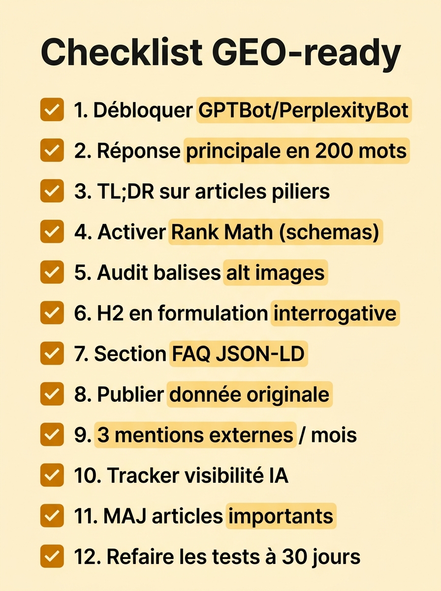 Checklist GEO-ready en 12 points pour rendre un site optimisé pour les LLM.