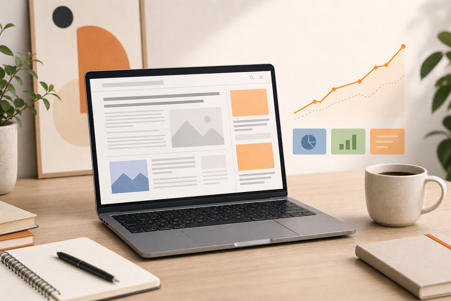 Ordinateur affichant un site avec des espaces publicitaires et des indicateurs de performance