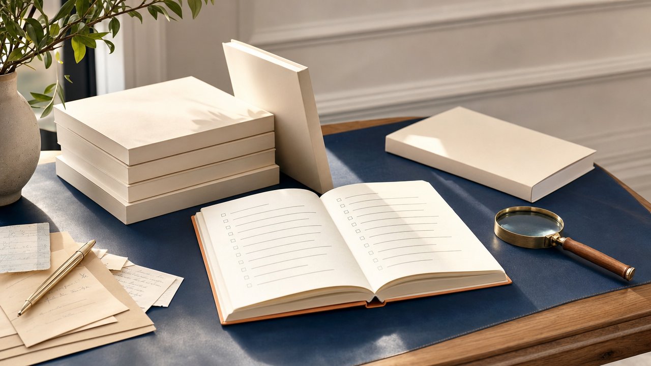Recherche de niche Amazon KDP : carnet de validation, livres et loupe sur un bureau