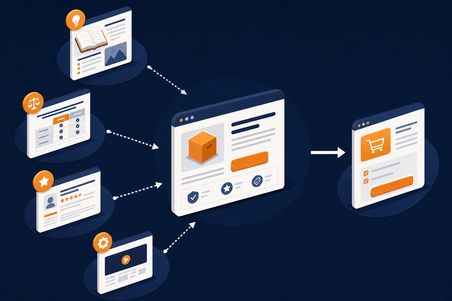 Schéma d’un cluster SEO reliant une page de contenu à des articles satellites et une page de conversion