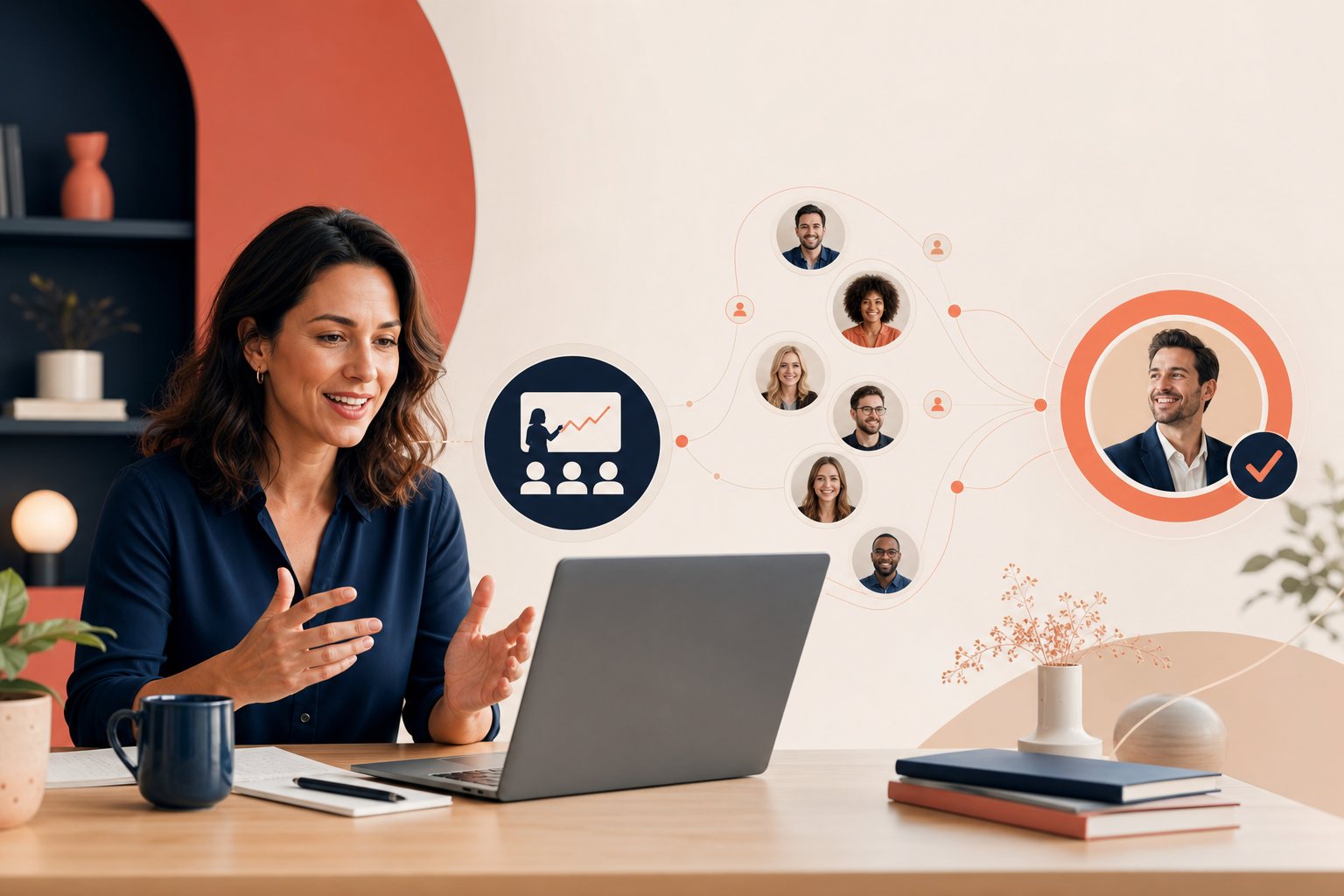 Entrepreneure animant un webinaire et accompagnant des prospects vers une décision client